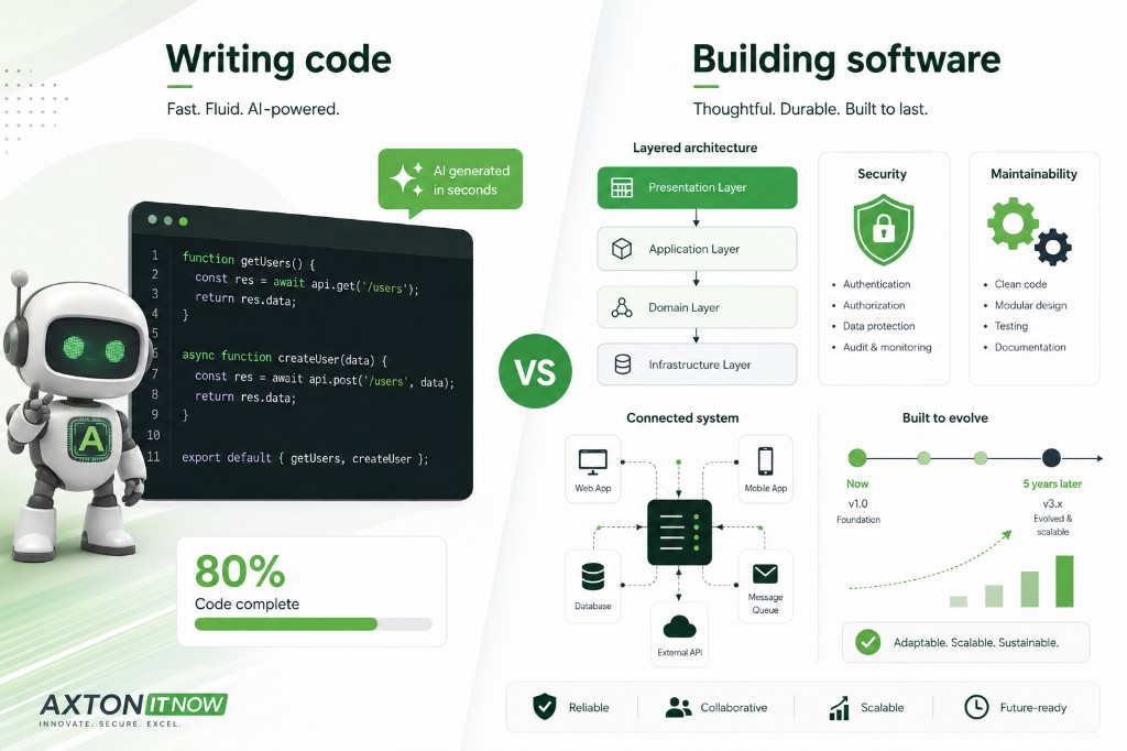 Infographic comparing writing code with fast AI-powered generation on the left against building software with layered architecture, security, maintainability, connected systems, and long-term evolution on the right.