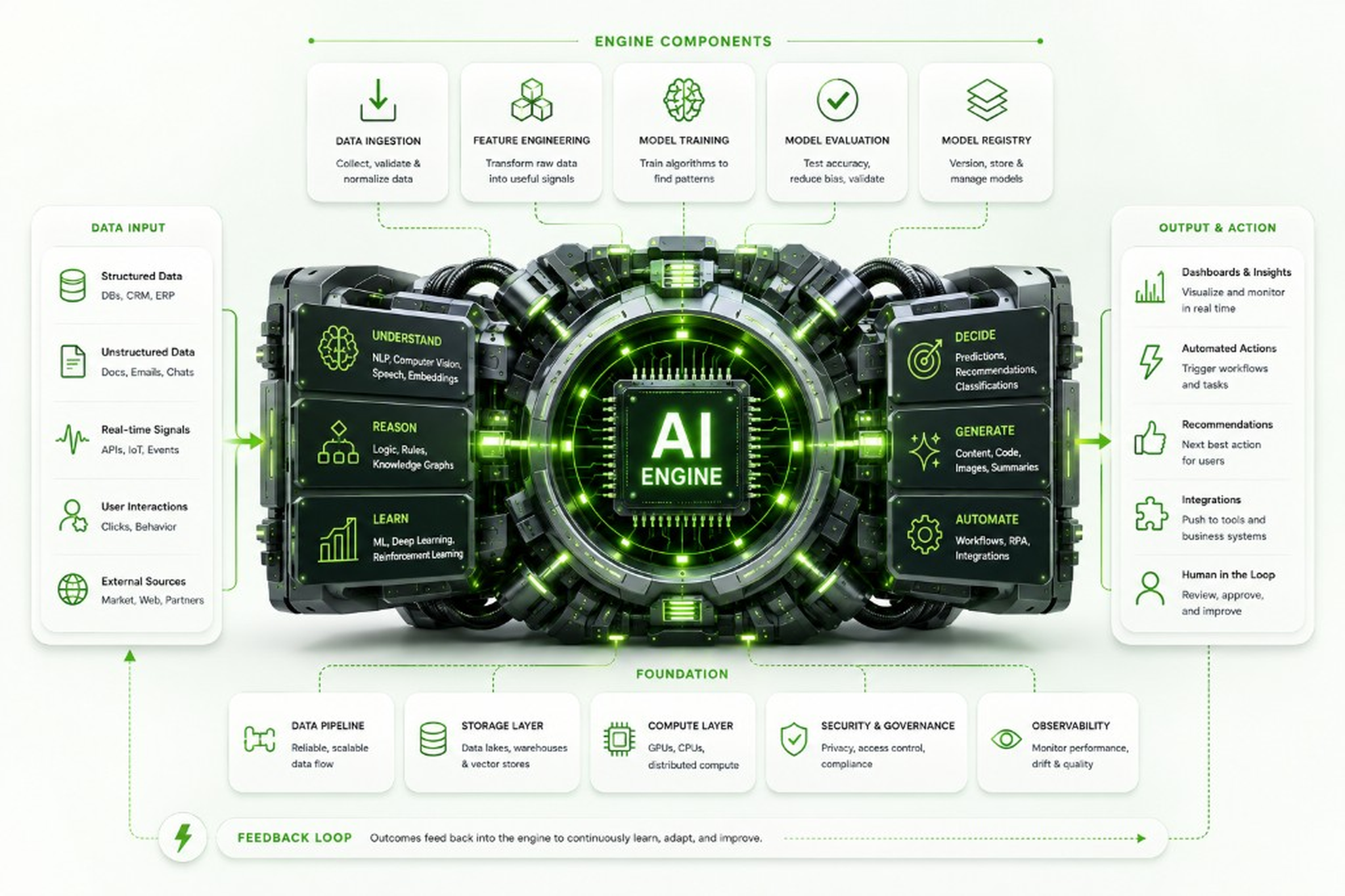 Infographic of an AI engine: data input on the left, engine components above, the AI engine core in the centre, output and action on the right, foundation infrastructure below, and a feedback loop connecting outcomes back to the engine.